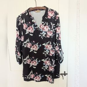 Baikea L Maternity Nursing Top Black Floral Print Long Sleeves Light Weight